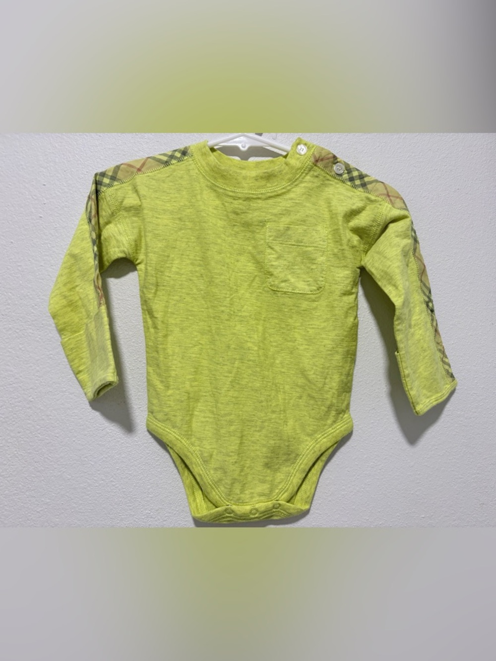 Burberry Lime Green Long-Sleeve Baby Bodysuit with Check Shoulder Detail